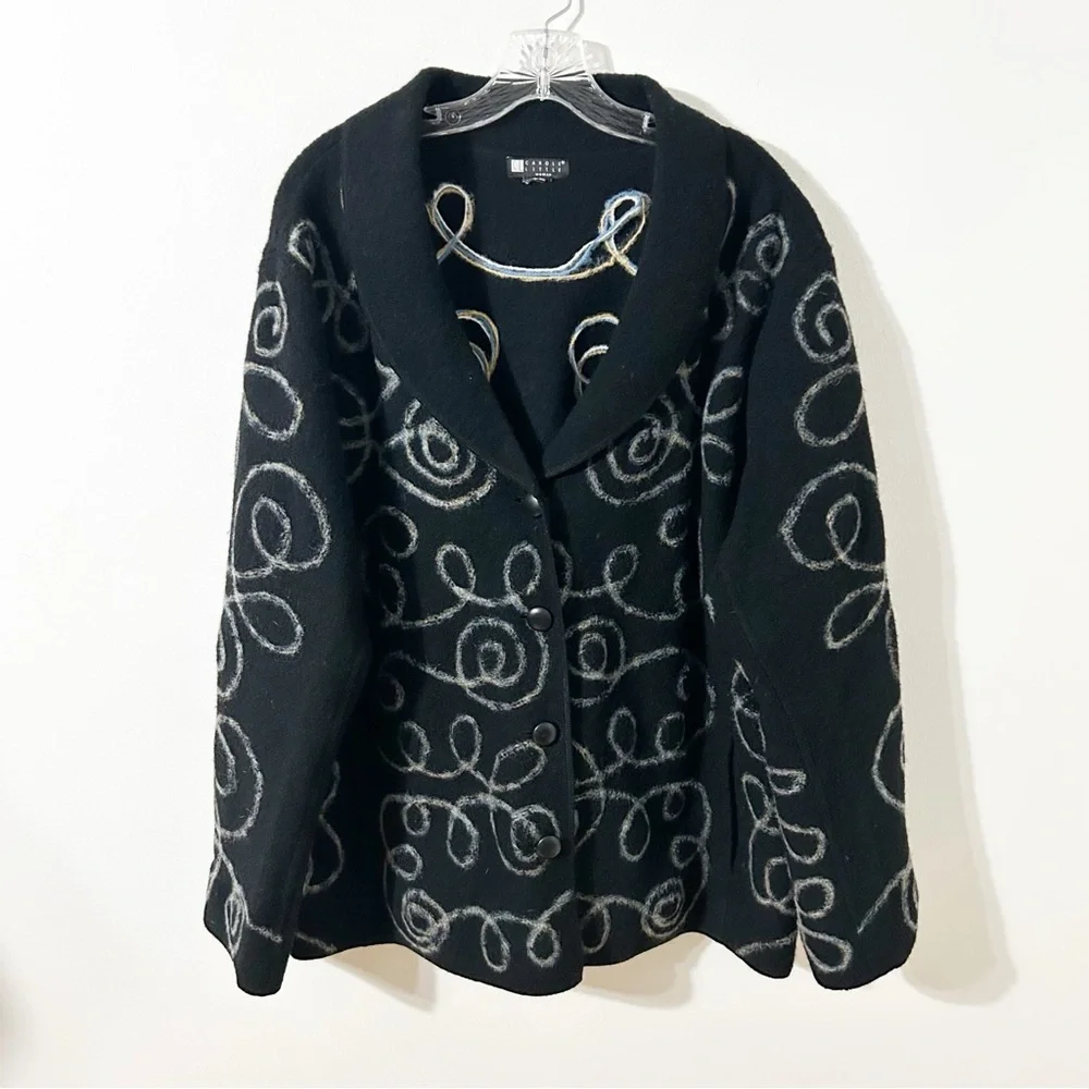 Vintage Carole Little Boiled Wool Cardigan Jacket Black- Yellow Blue White Swirl - Picture 2 of 16